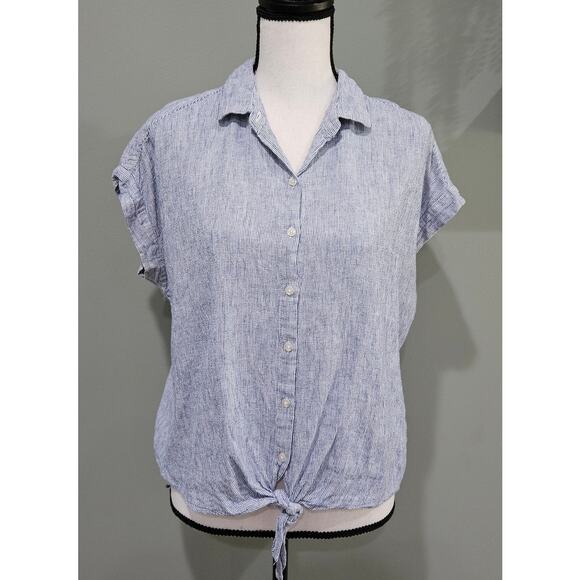 Weatherproof Vintage Medium Washable Linen Blue Short Sleeve Tie Waist Top - Picture 1 of 8